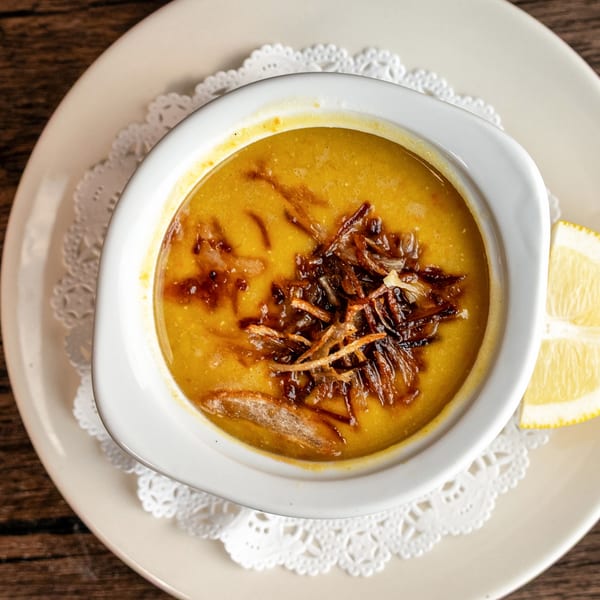 Lebanese lentil soup with crispy fried onions and a lemon wedge on a white plate.